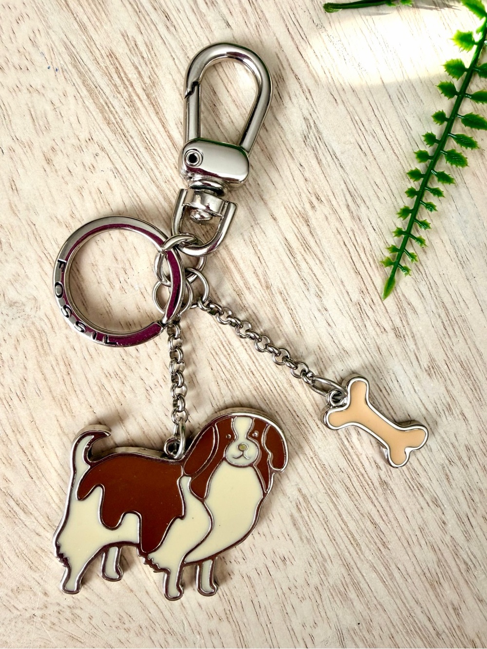FOSSIL New! Charm Keychain/ Dog with Brown & Cream and Bone